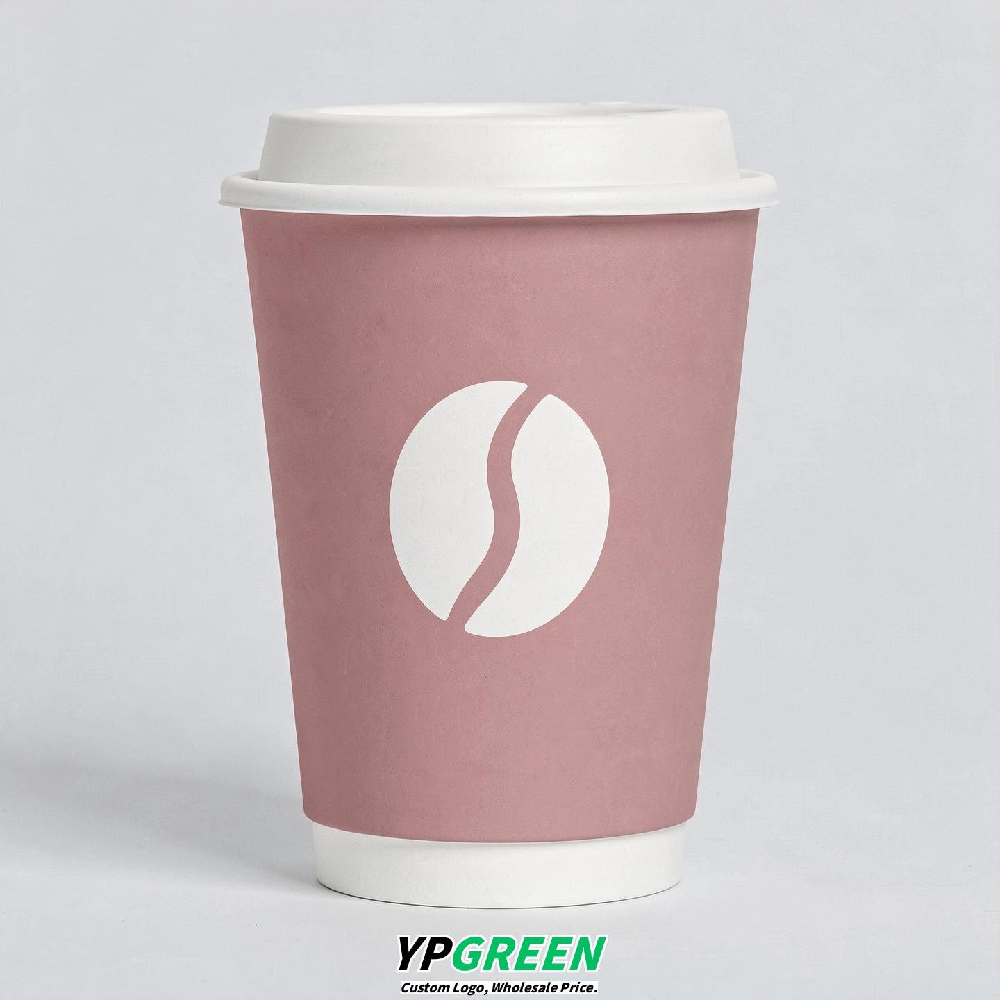 Dusty Pink Paper Cups with Coffee Bean Logo & Lids 8-24oz