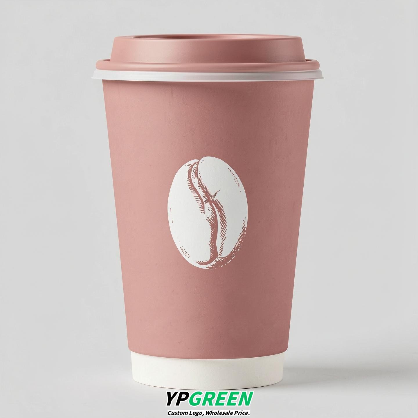 Dusty Pink Paper Cups with Coffee Bean Logo & Lids 8-24oz