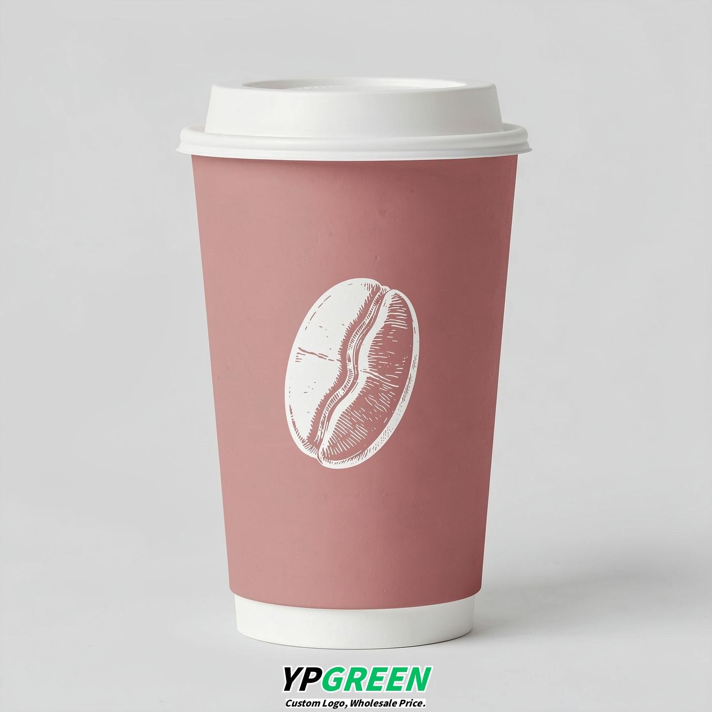 Dusty Pink Paper Cups with Coffee Bean Logo & Lids 8-24oz