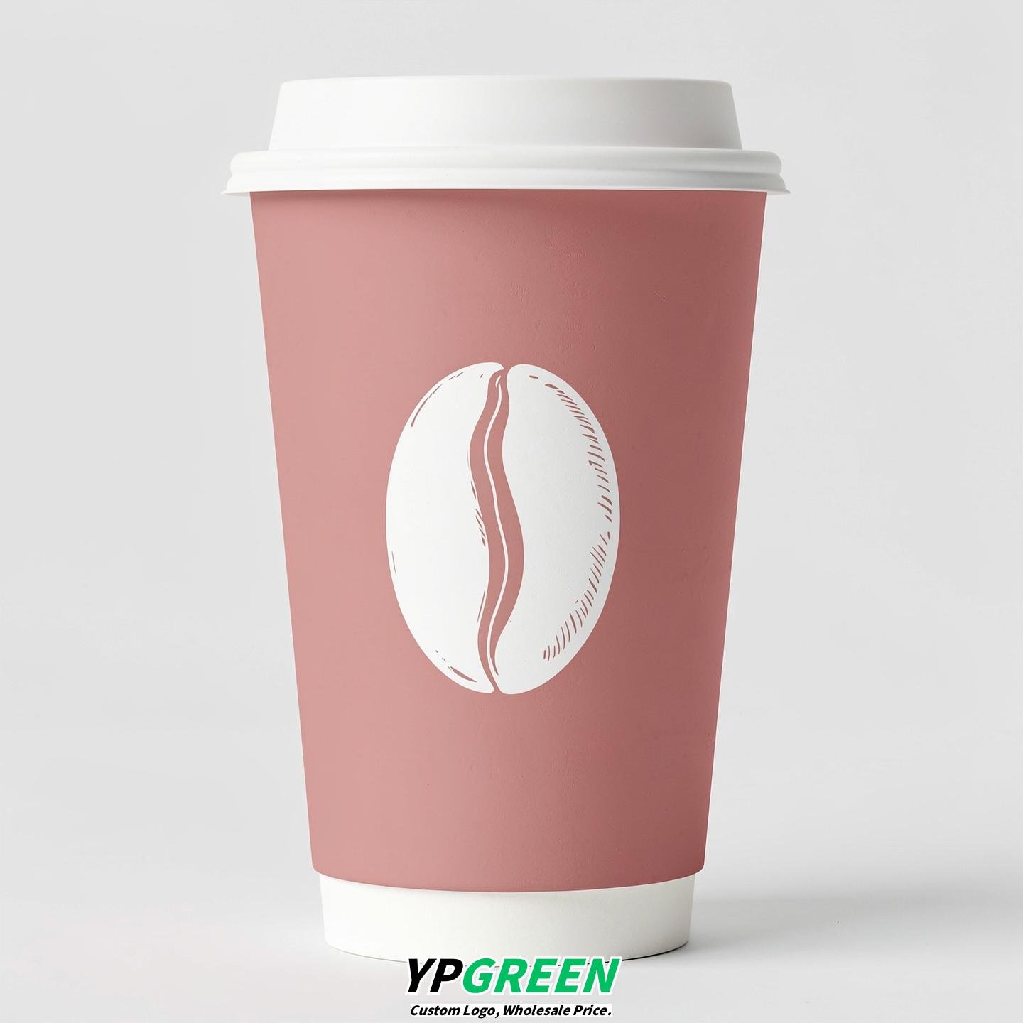 Dusty Pink Paper Cups with Coffee Bean Logo & Lids 8-24oz