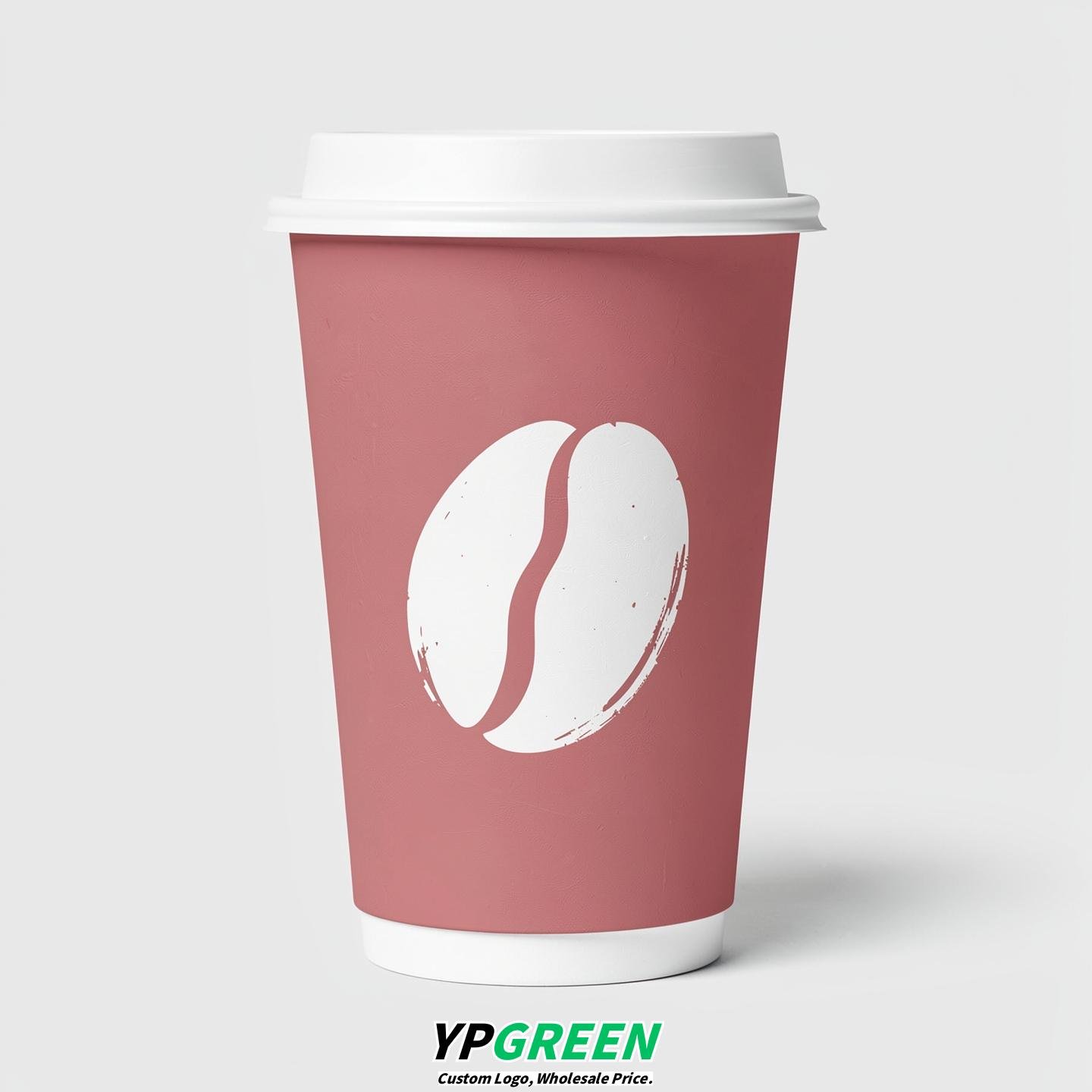 Dusty Pink Paper Cups with Coffee Bean Logo & Lids 8-24oz