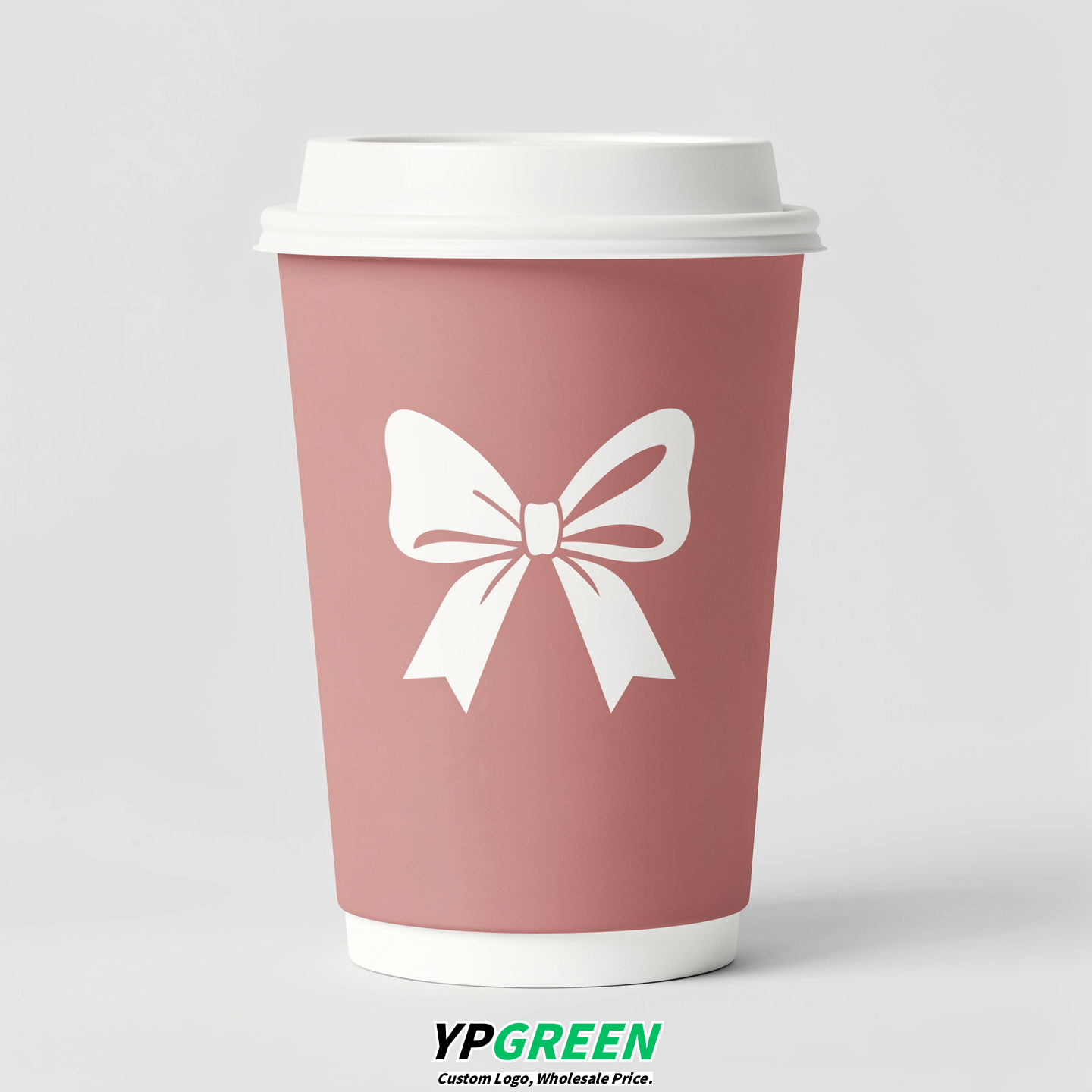 Dusty Pink Paper Cups with Bow Logo & Lids 8-24oz