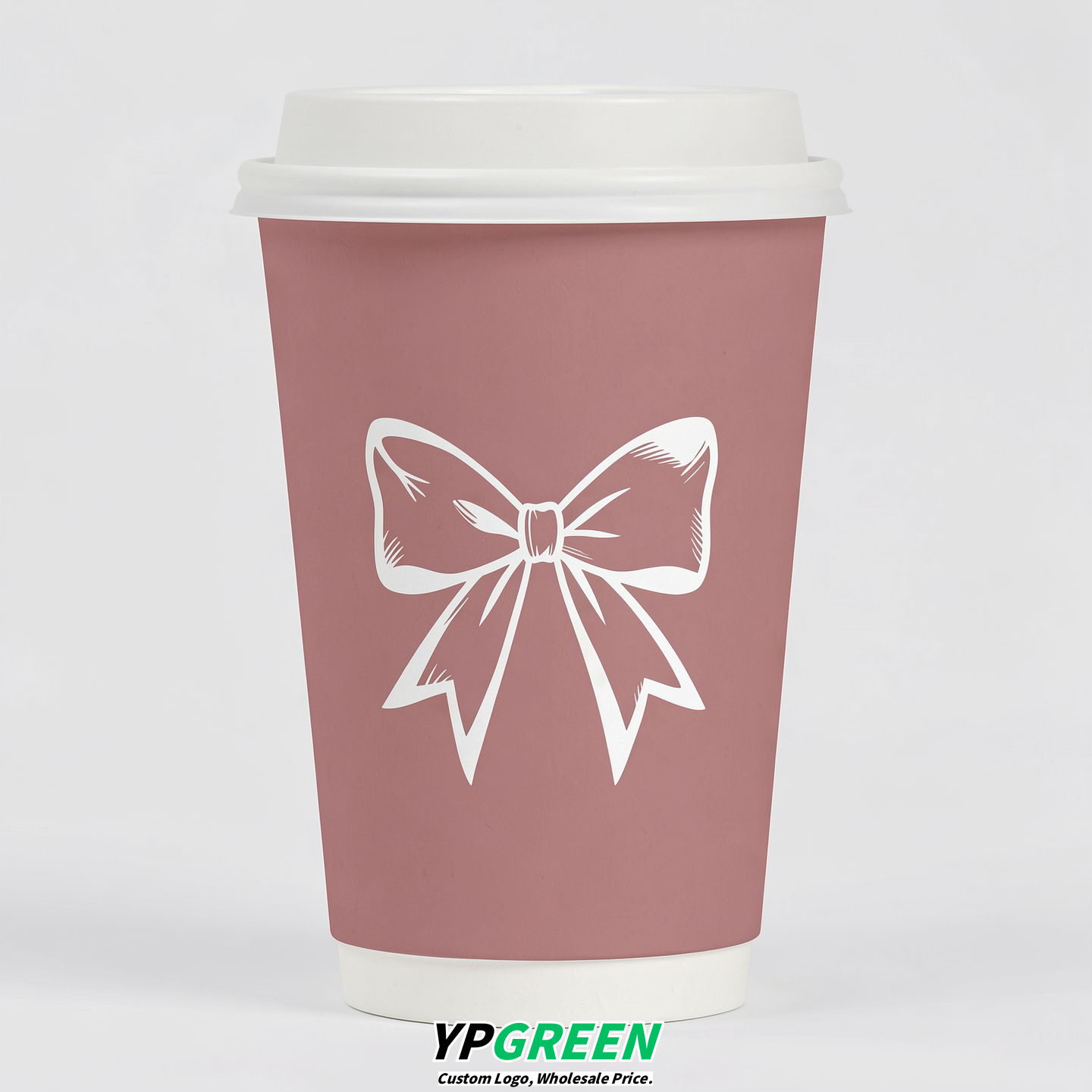 Dusty Pink Paper Cups with Bow Logo & Lids 8-24oz