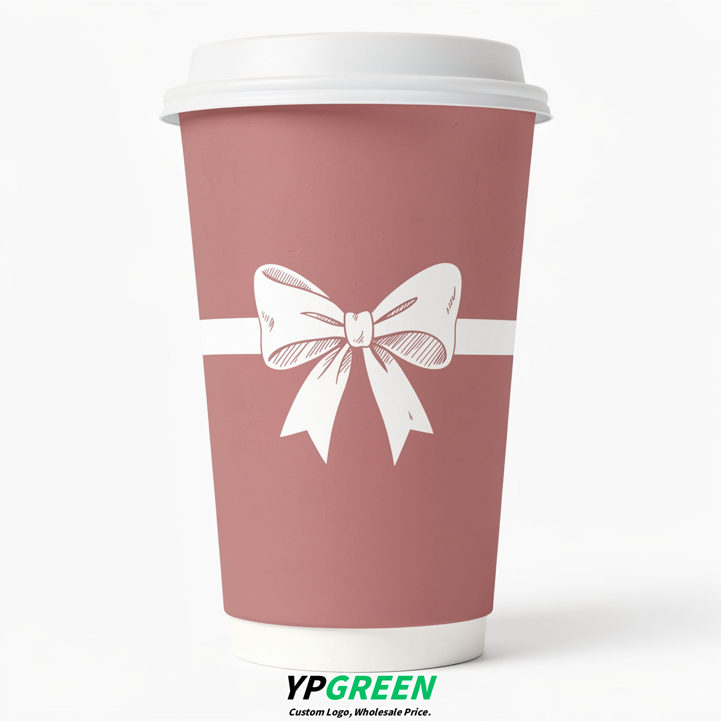 Dusty Pink Paper Cups with Bow Logo & Lids 8-24oz