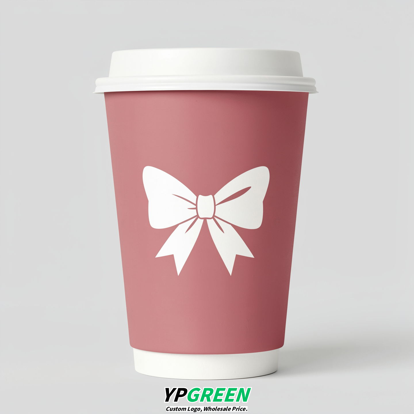 Dusty Pink Paper Cups with Bow Logo & Lids 8-24oz