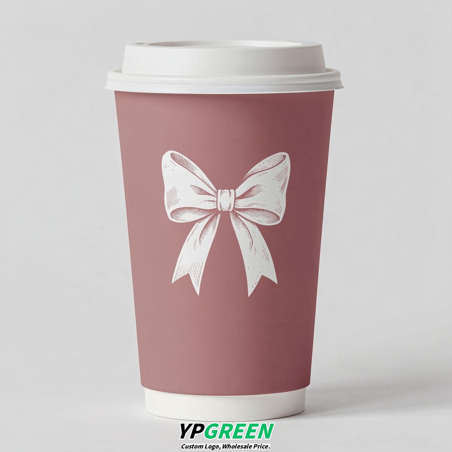 Dusty Pink Paper Cups with Bow Logo & Lids 8-24oz