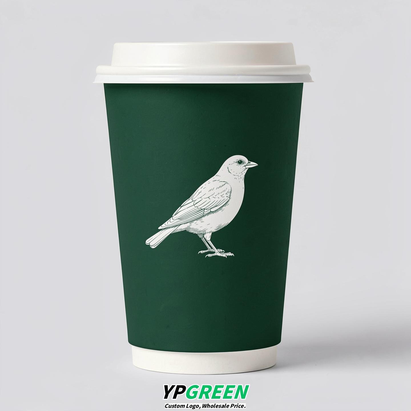 Emerald Green Paper Cups with Bird Logo & Lids 8-24oz