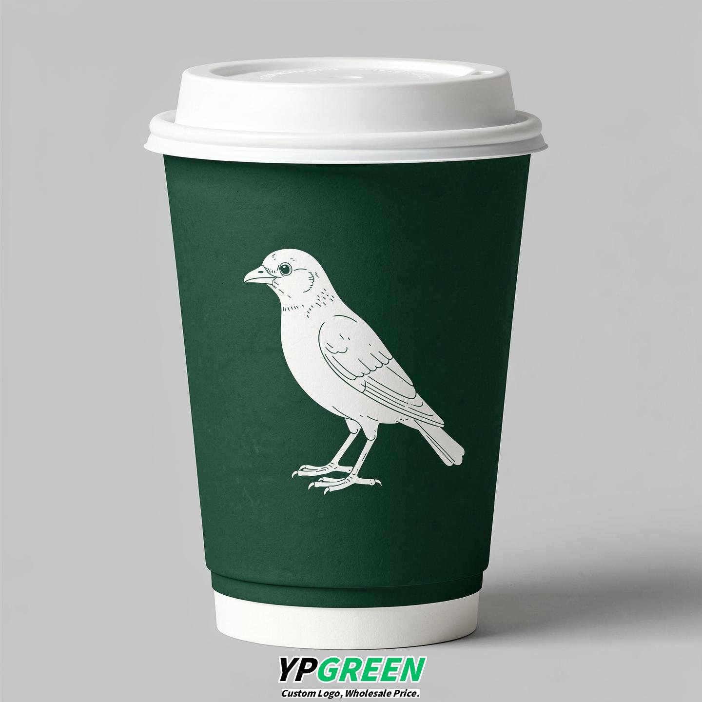 Emerald Green Paper Cups with Bird Logo & Lids 8-24oz