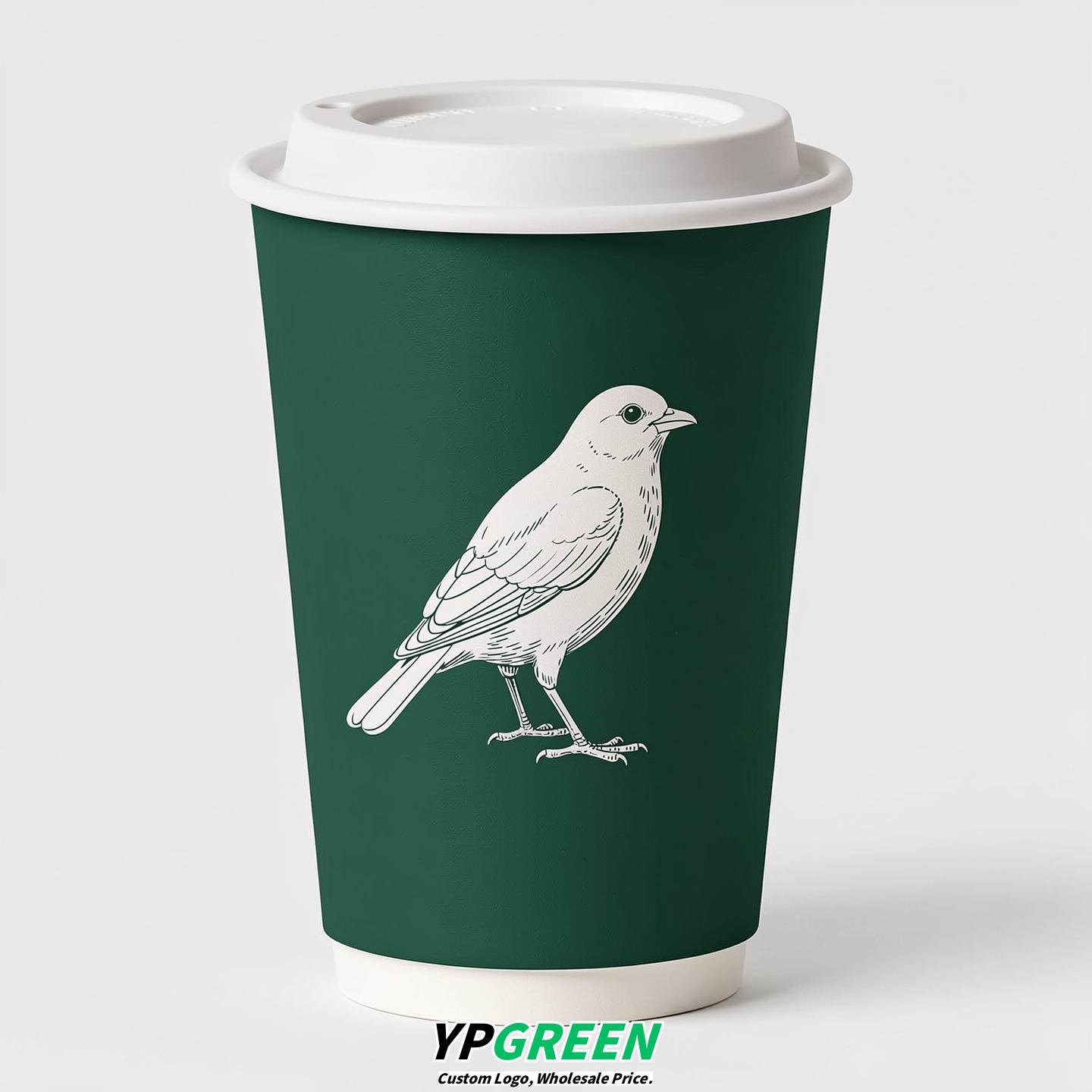 Emerald Green Paper Cups with Bird Logo & Lids 8-24oz