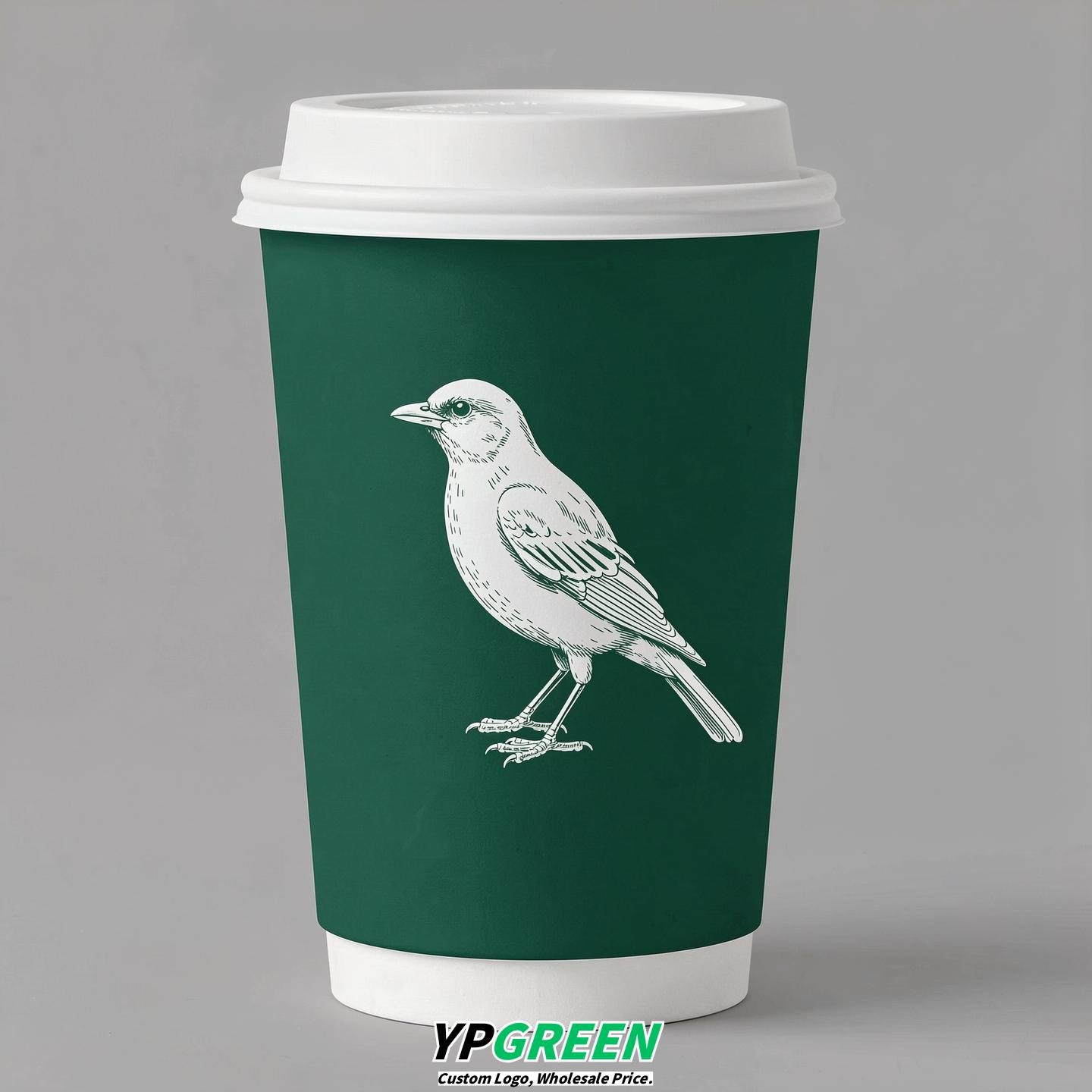 Emerald Green Paper Cups with Bird Logo & Lids 8-24oz
