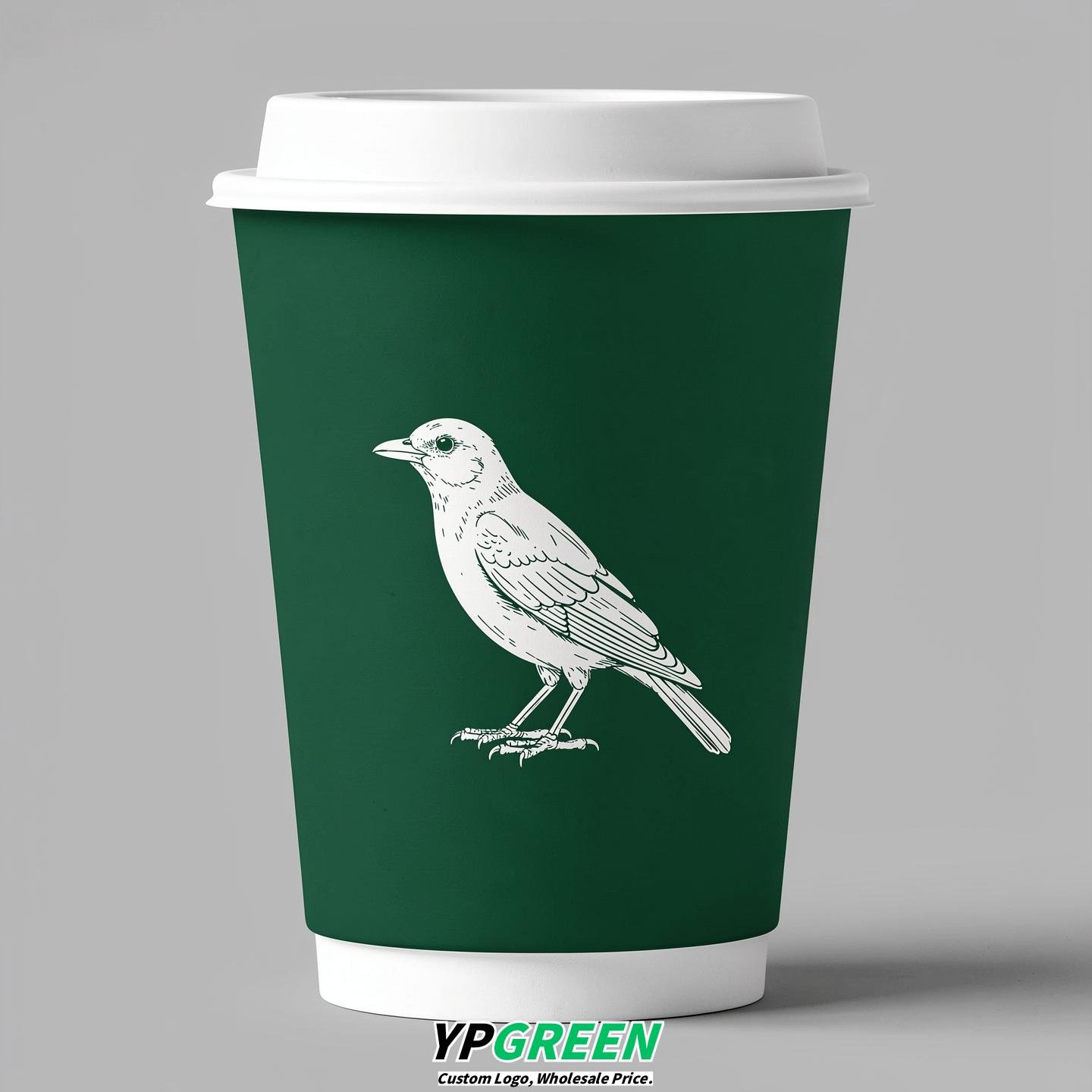 Emerald Green Paper Cups with Bird Logo & Lids 8-24oz