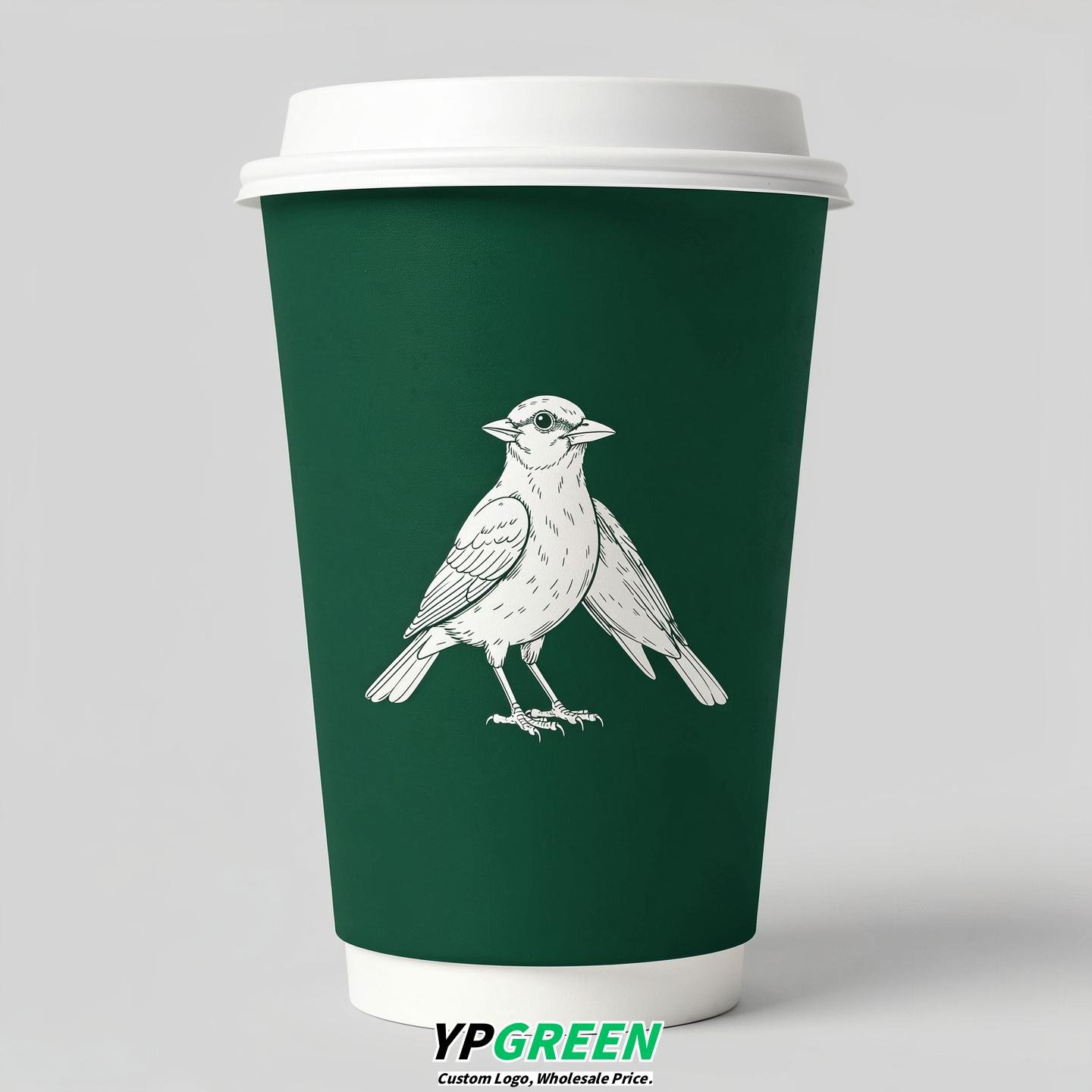 Emerald Green Paper Cups with Bird Logo & Lids 8-24oz
