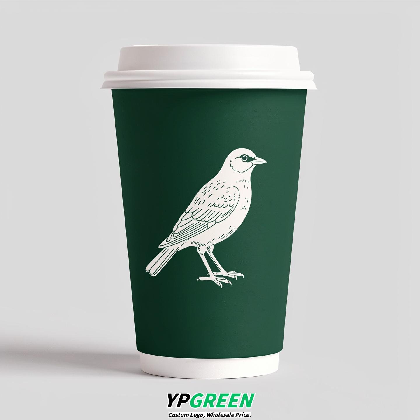 Emerald Green Paper Cups with Bird Logo & Lids 8-24oz