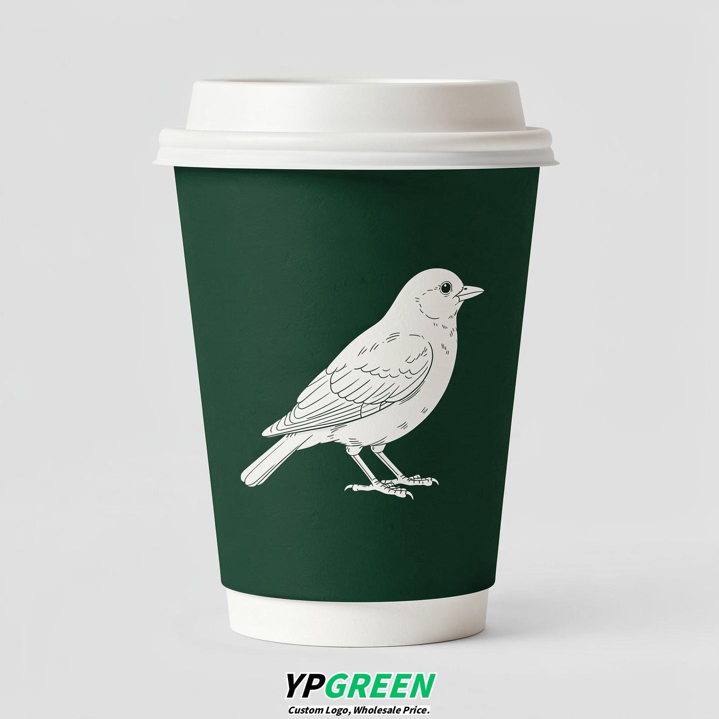 Emerald Green Paper Cups with Bird Logo & Lids 8-24oz