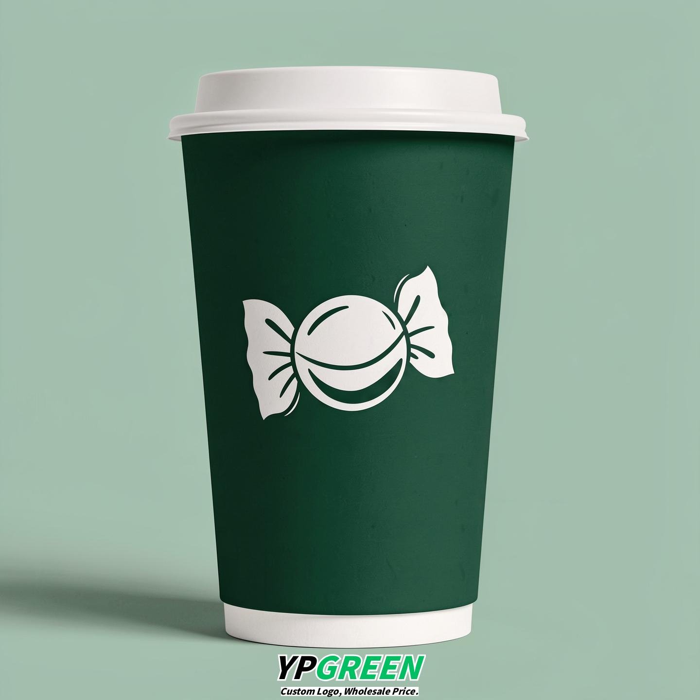 Emerald Green Paper Cups with Candy Logo & Lids 8-24oz