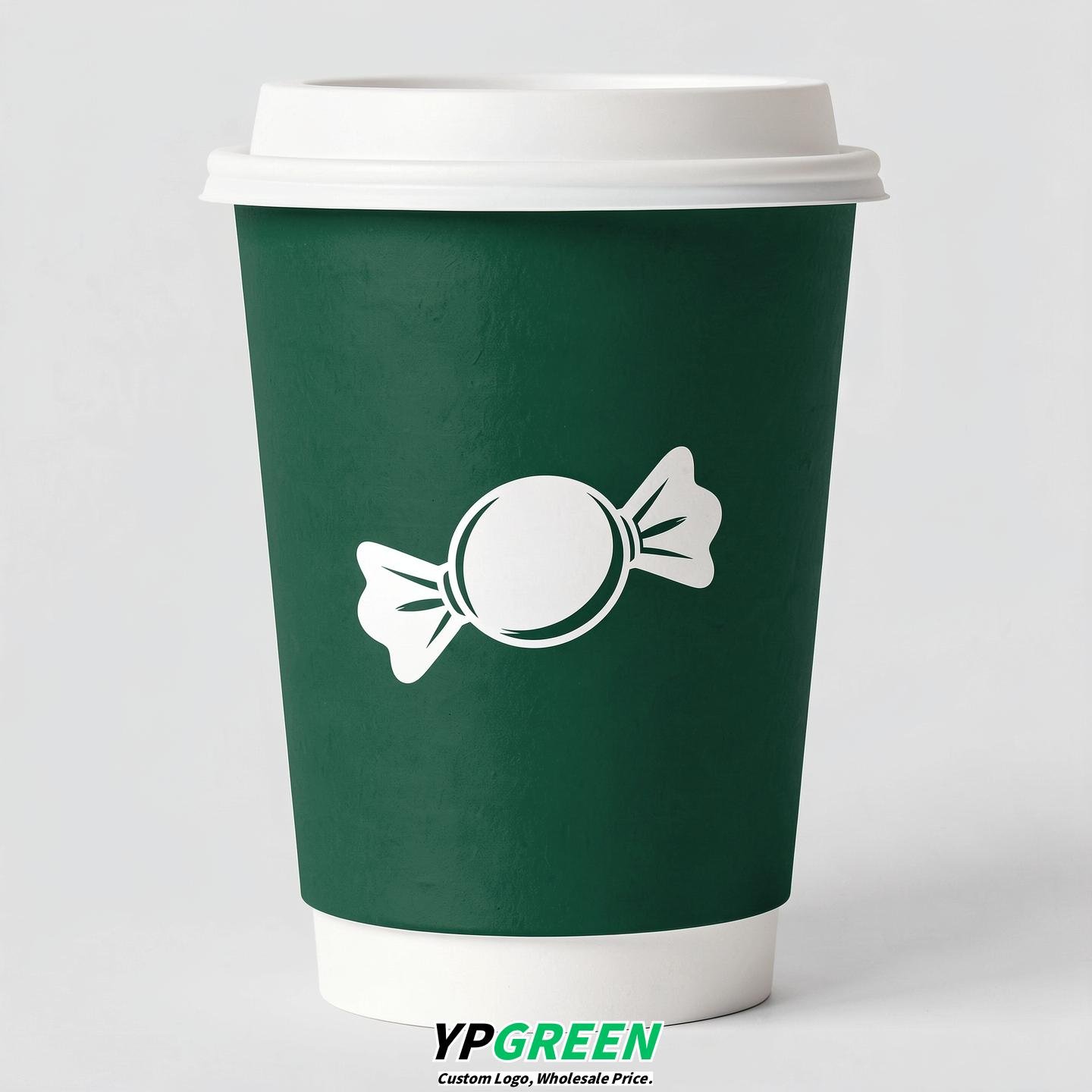Emerald Green Paper Cups with Candy Logo & Lids 8-24oz