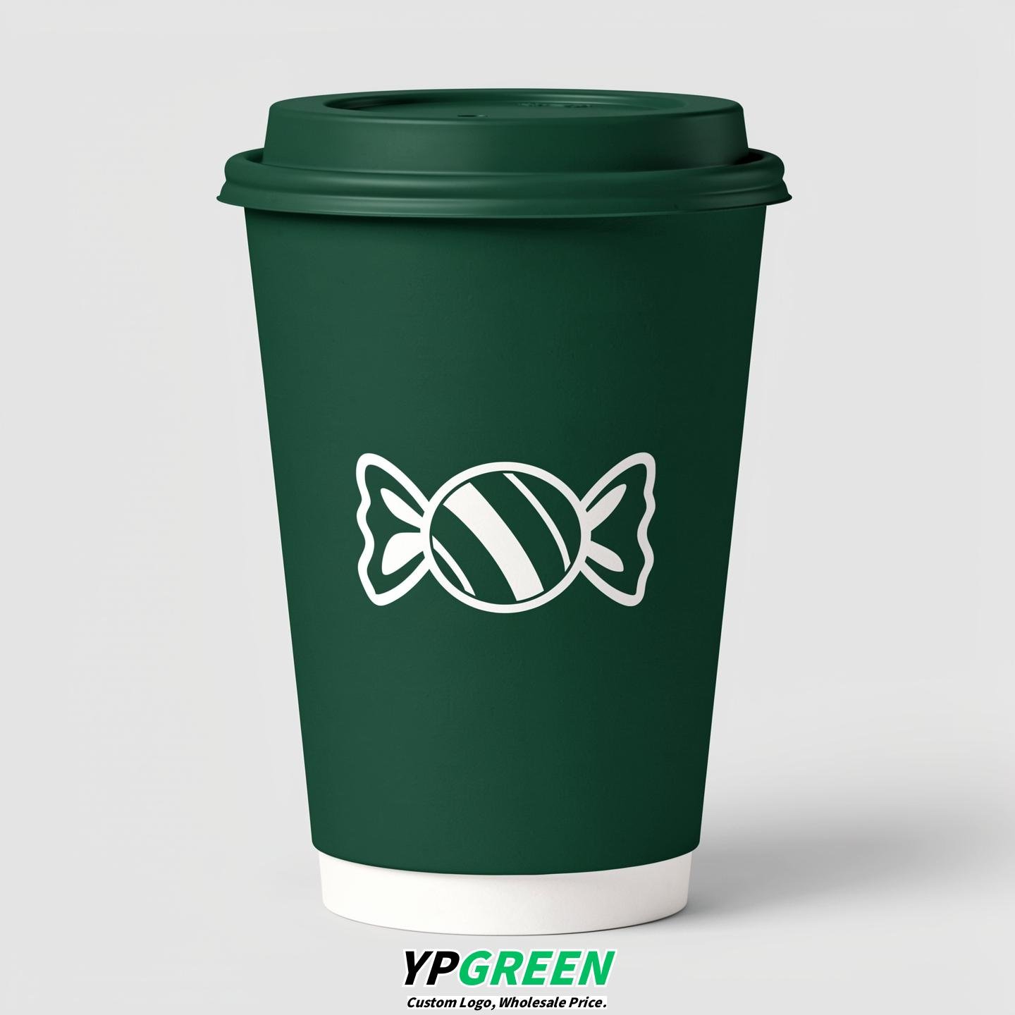 Emerald Green Paper Cups with Candy Logo & Lids 8-24oz