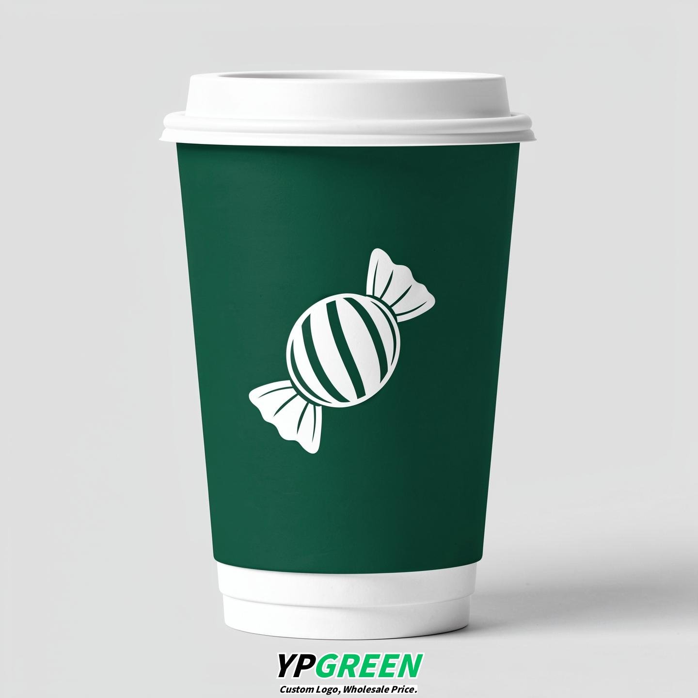 Emerald Green Paper Cups with Candy Logo & Lids 8-24oz