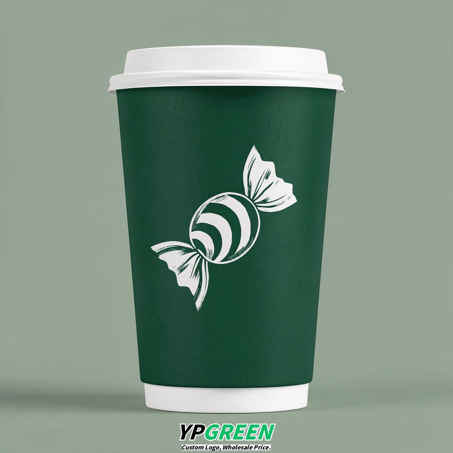 Emerald Green Paper Cups with Candy Logo & Lids 8-24oz