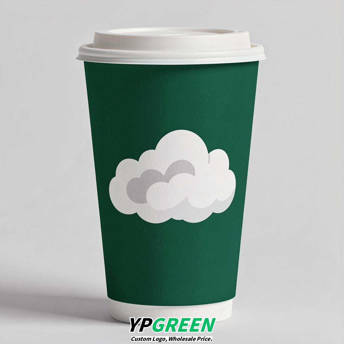 Emerald Green Paper Cups with Clouds Logo & Lids 8-24oz