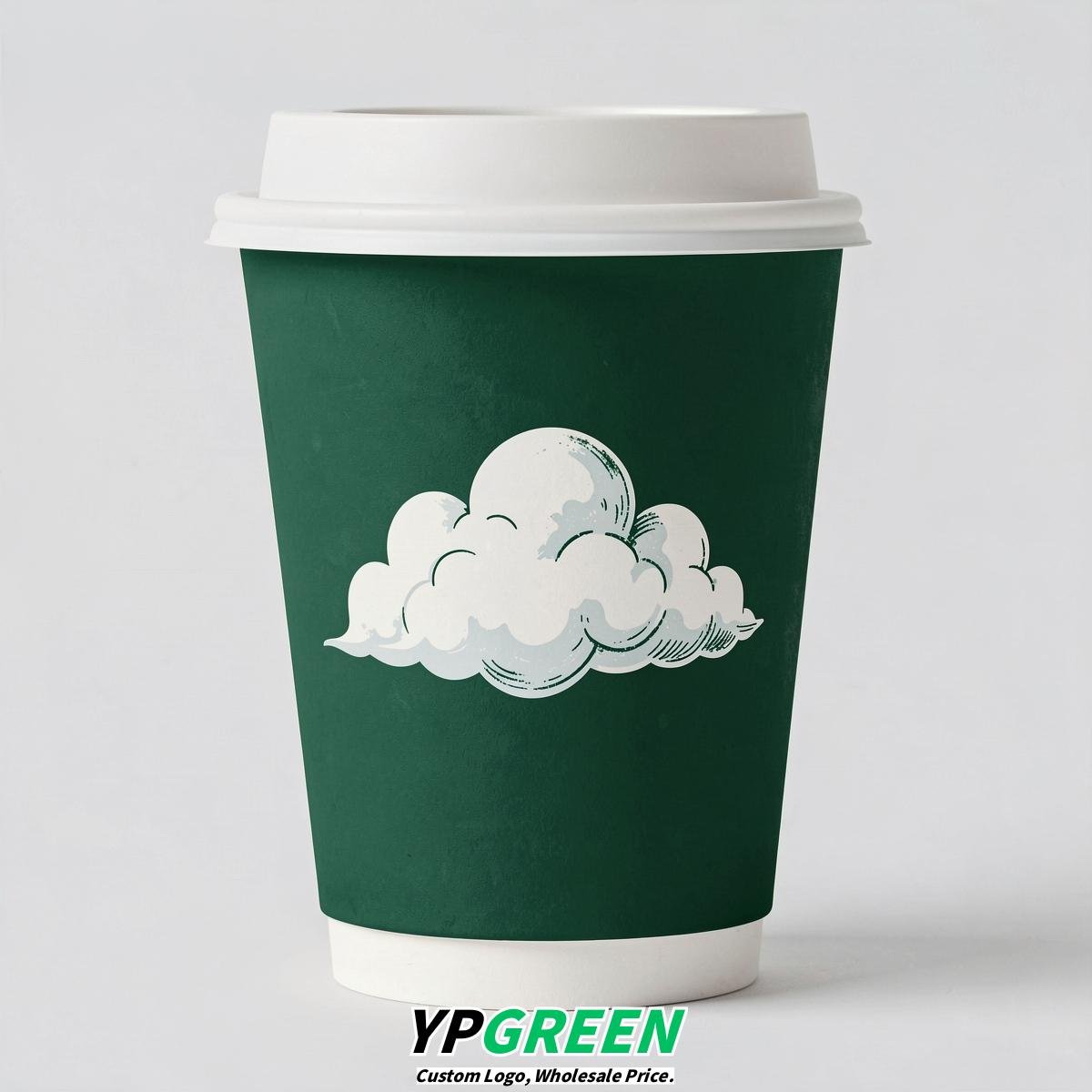 Emerald Green Paper Cups with Clouds Logo & Lids 8-24oz