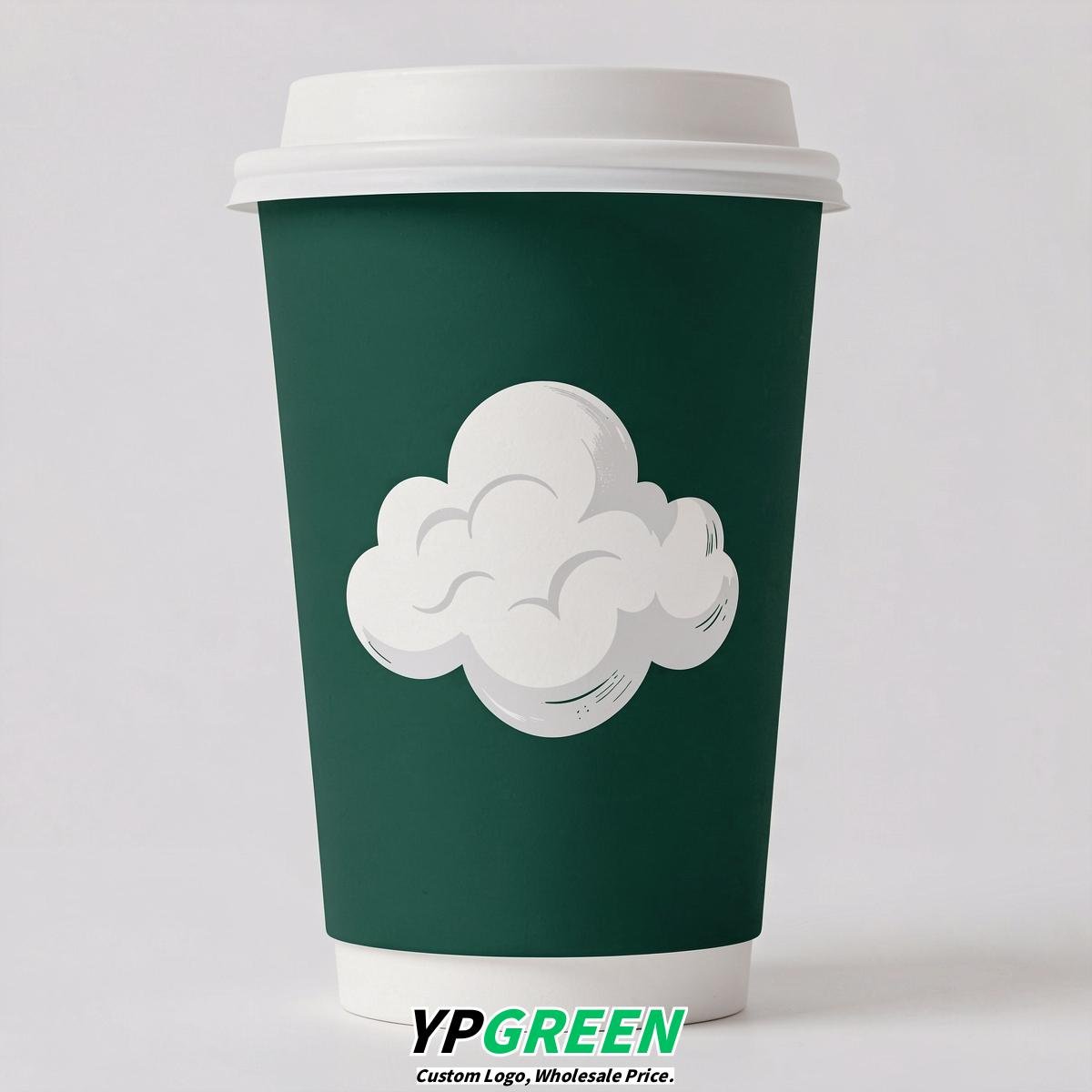 Emerald Green Paper Cups with Clouds Logo & Lids 8-24oz