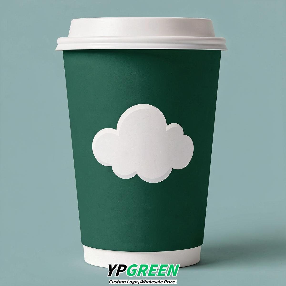 Emerald Green Paper Cups with Clouds Logo & Lids 8-24oz