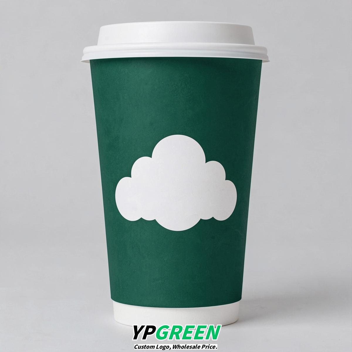 Emerald Green Paper Cups with Clouds Logo & Lids 8-24oz