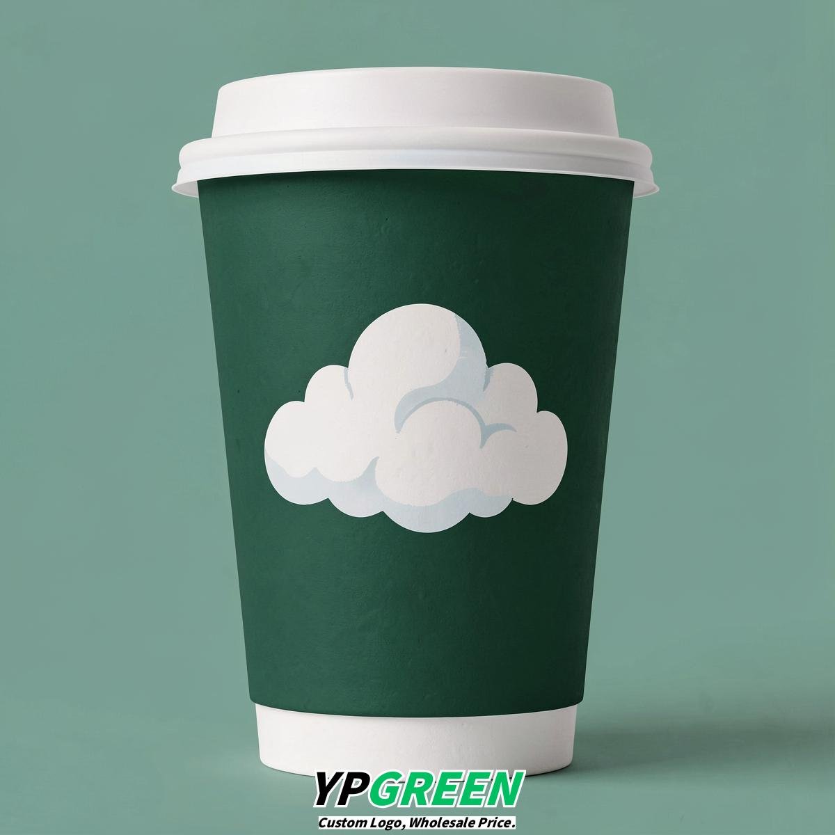 Emerald Green Paper Cups with Clouds Logo & Lids 8-24oz