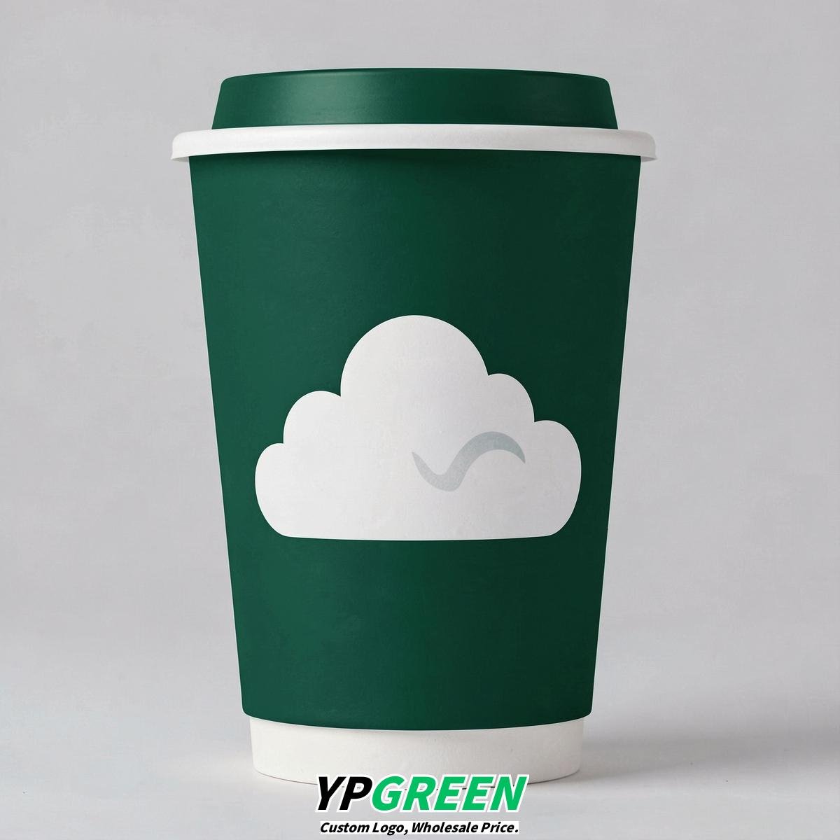 Emerald Green Paper Cups with Clouds Logo & Lids 8-24oz