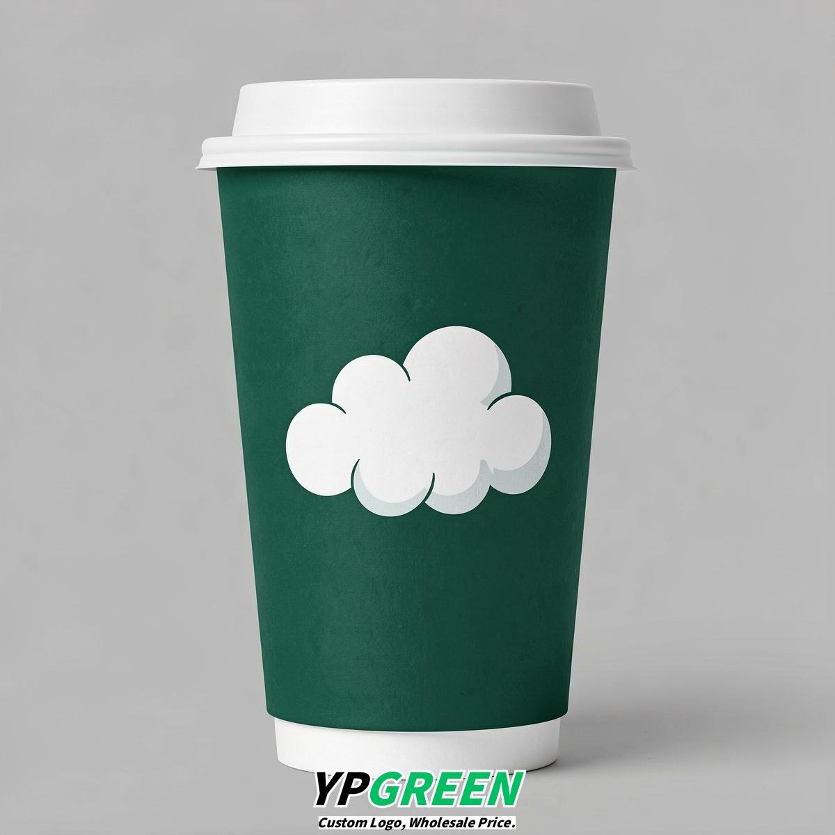 Emerald Green Paper Cups with Clouds Logo & Lids 8-24oz