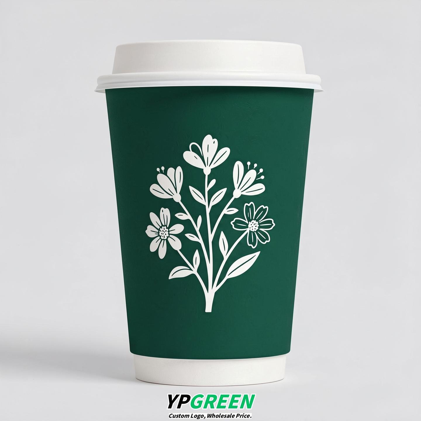 Emerald Green Floral Paper Cups with Lids 8-24oz