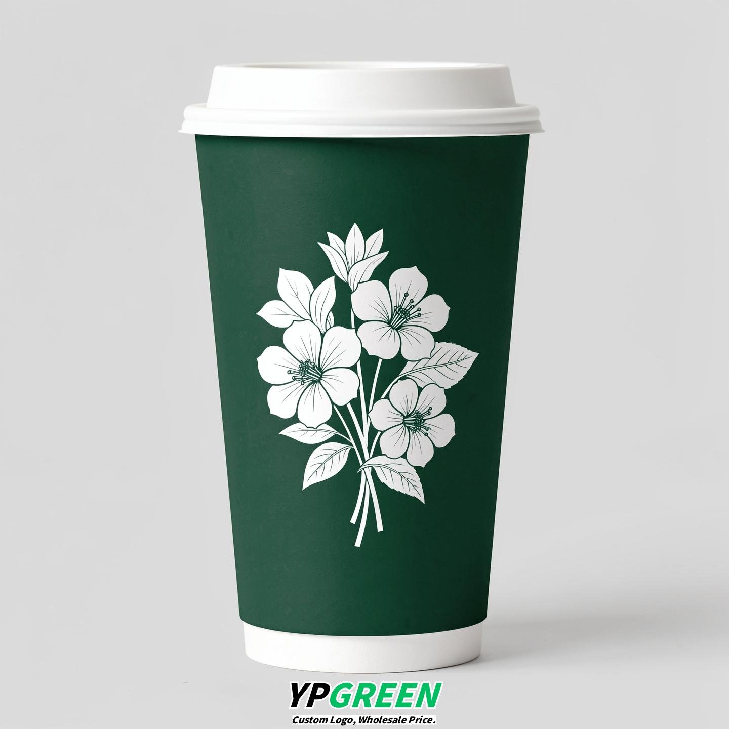 Emerald Green Floral Paper Cups with Lids 8-24oz