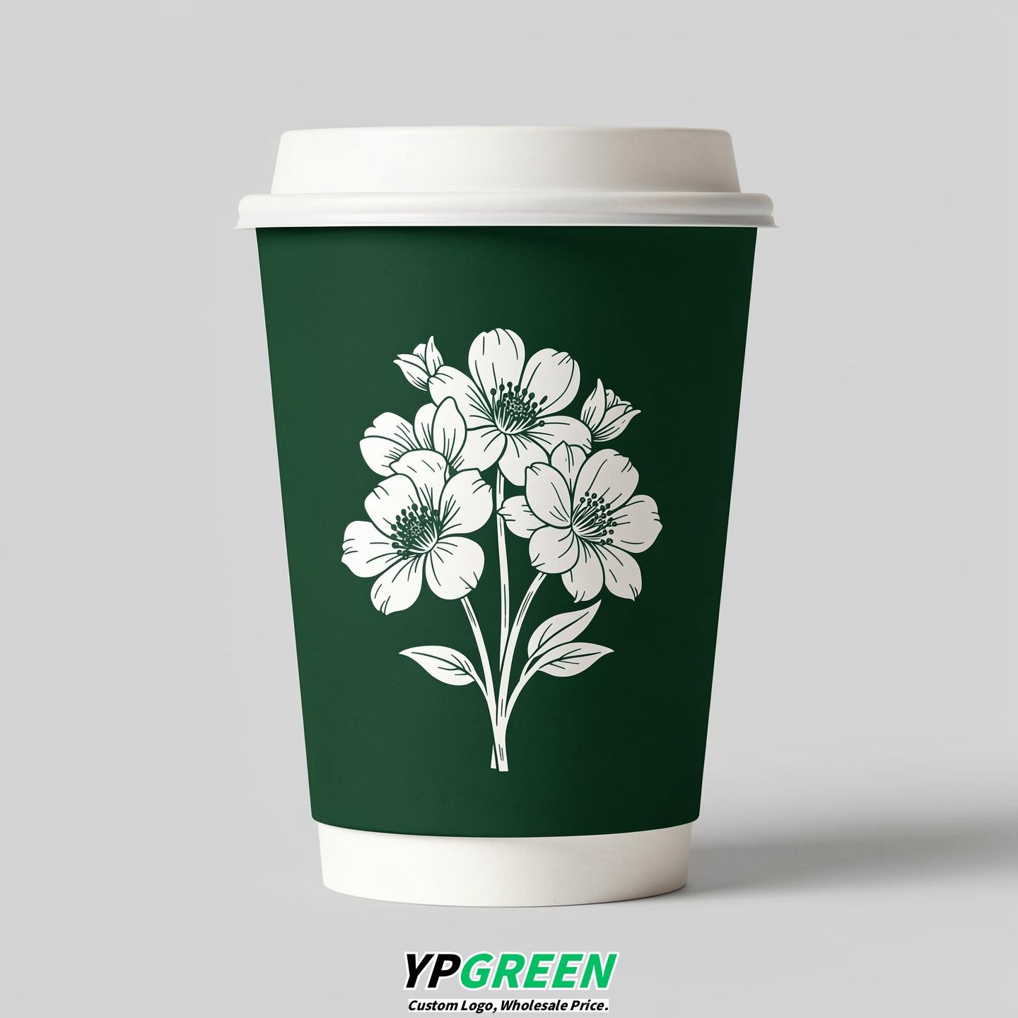 Emerald Green Floral Paper Cups with Lids 8-24oz