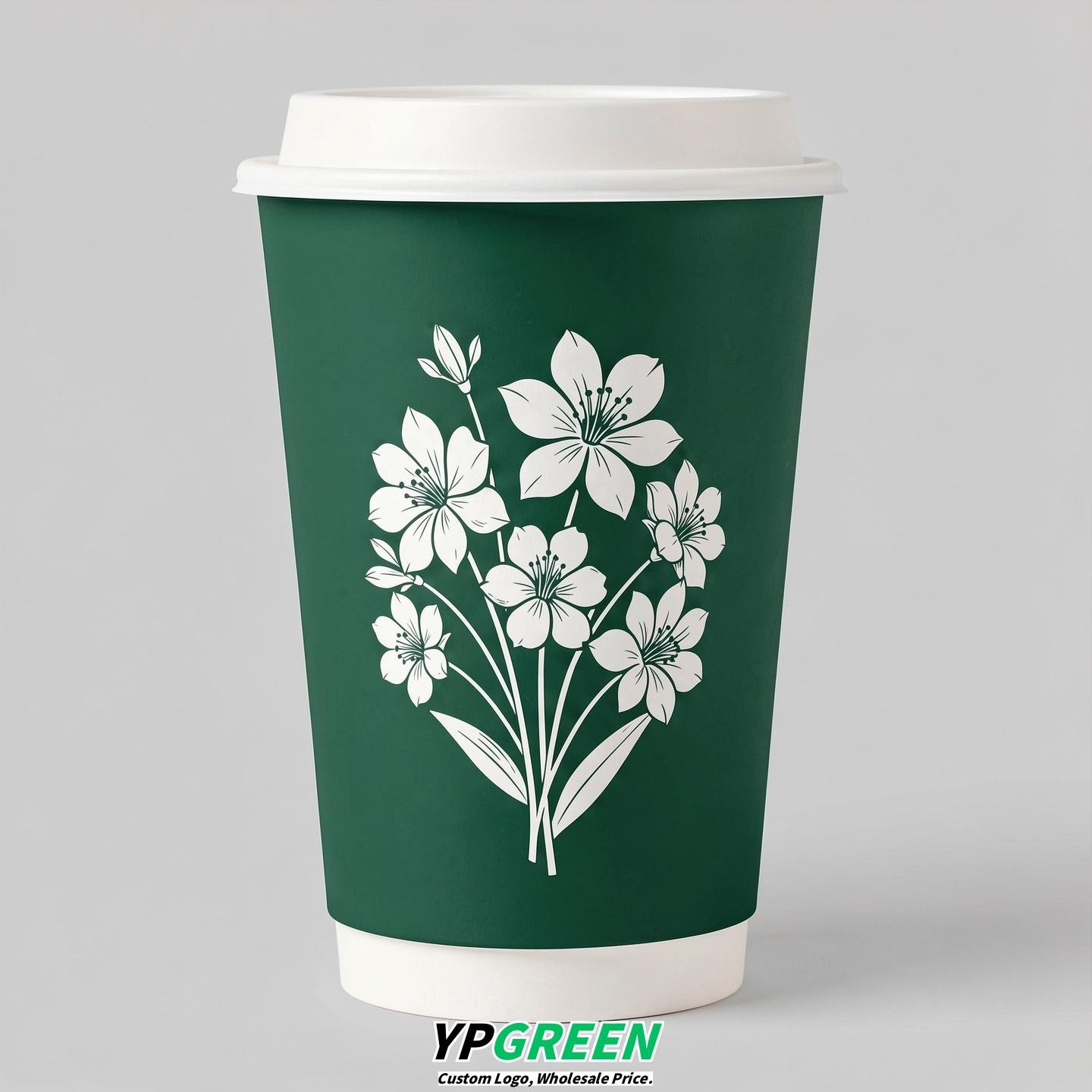 Emerald Green Floral Paper Cups with Lids 8-24oz