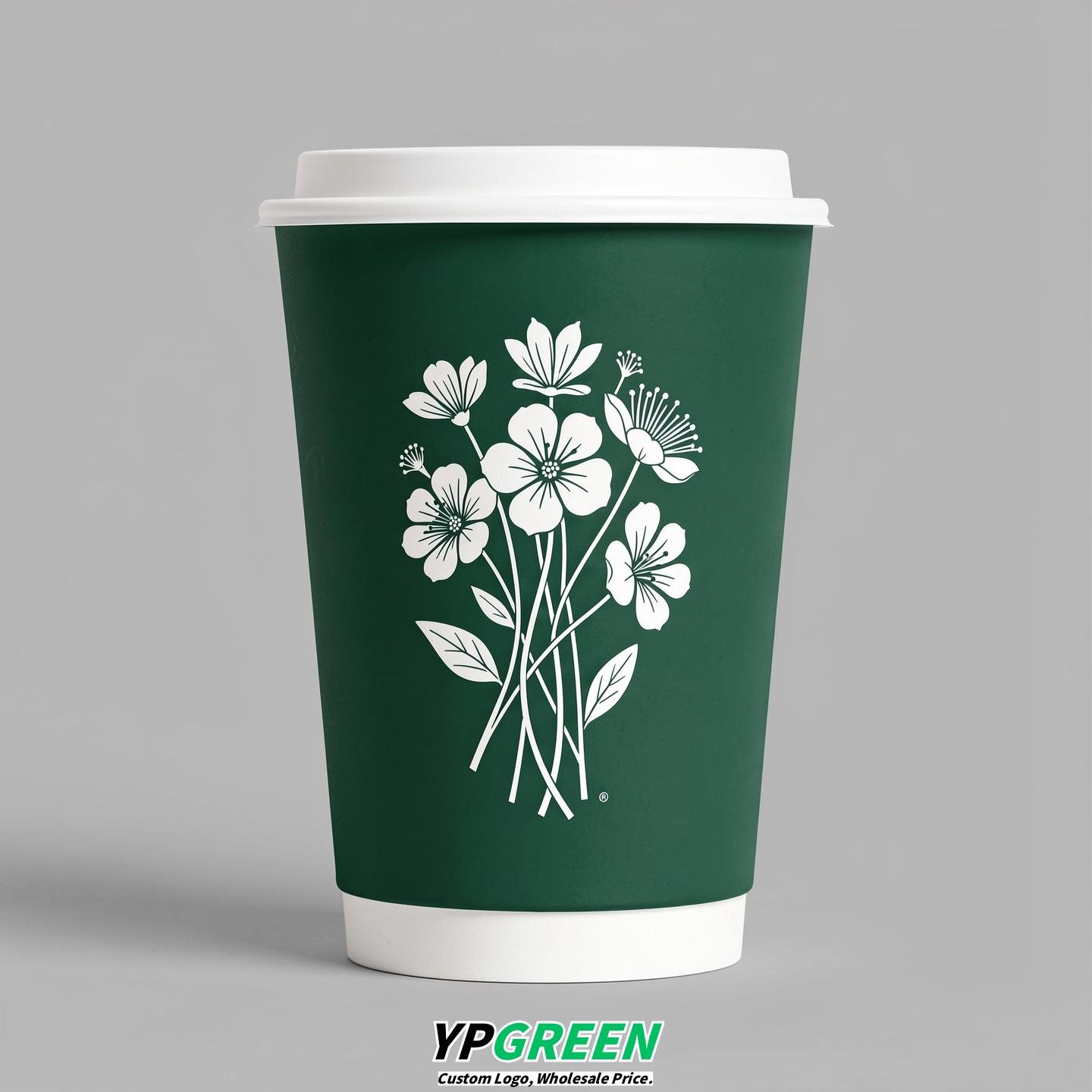 Emerald Green Floral Paper Cups with Lids 8-24oz