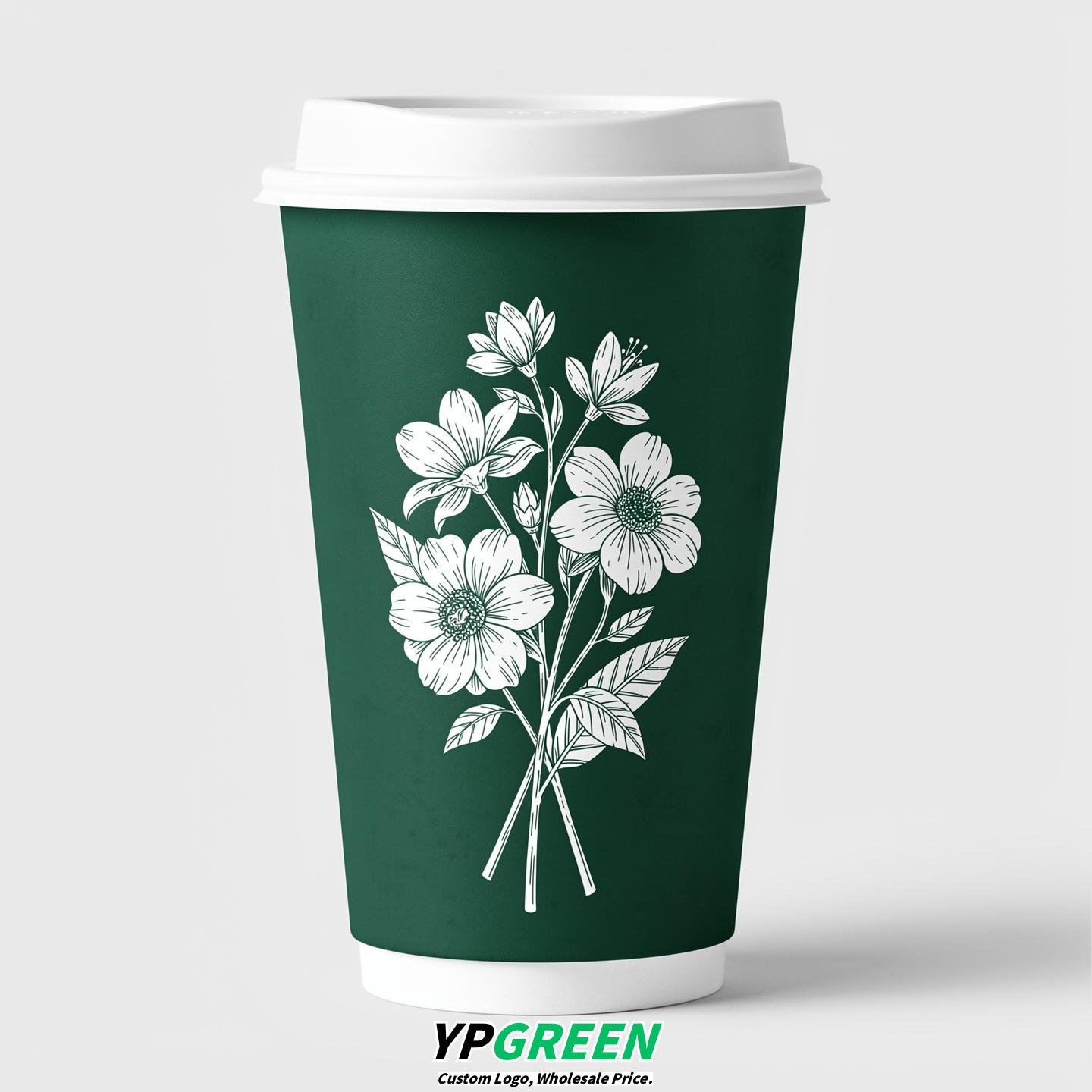 Emerald Green Floral Paper Cups with Lids 8-24oz