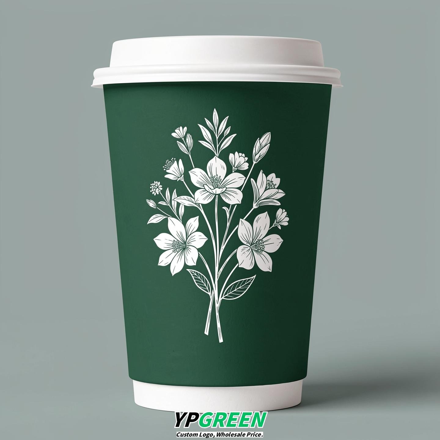 Emerald Green Floral Paper Cups with Lids 8-24oz
