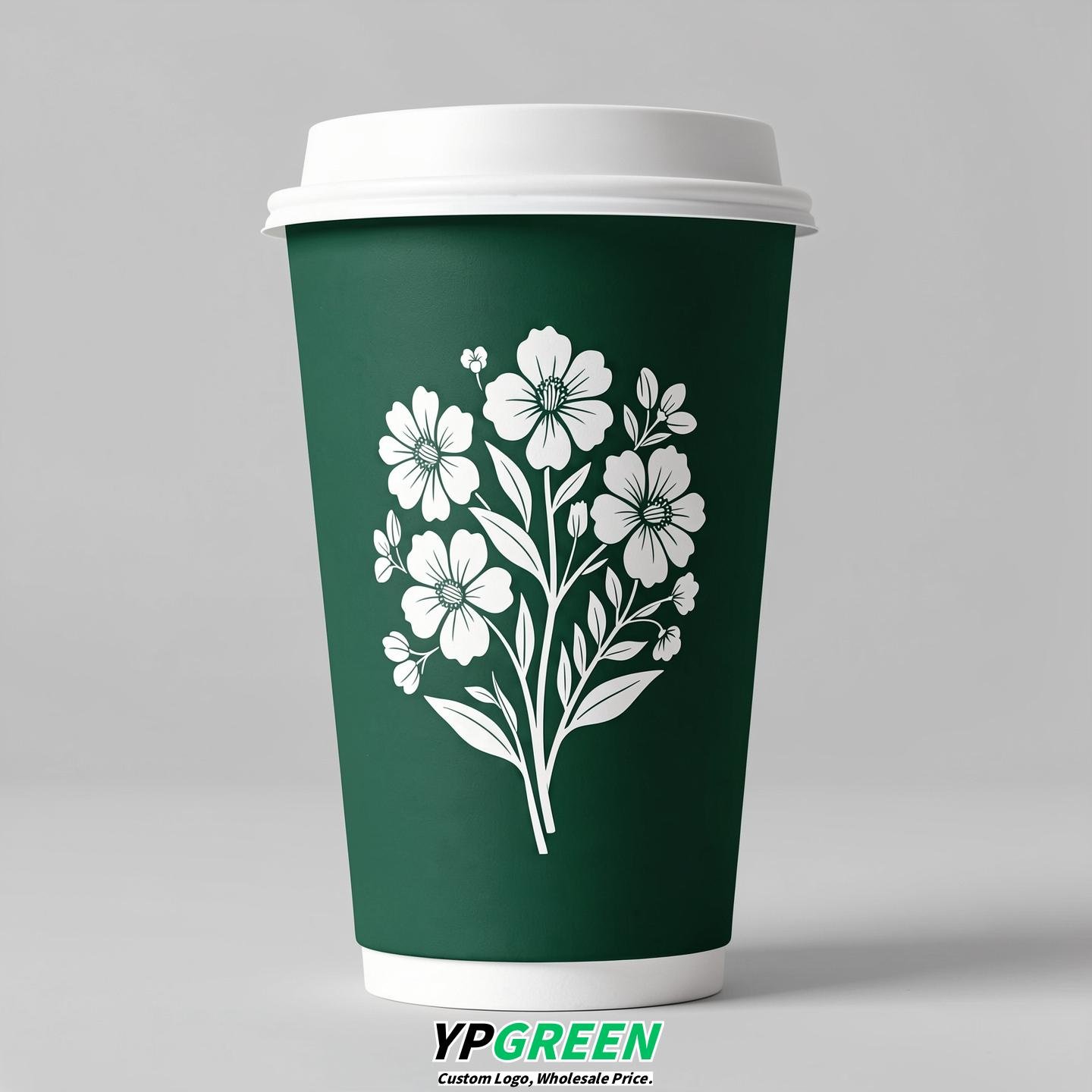 Emerald Green Floral Paper Cups with Lids 8-24oz