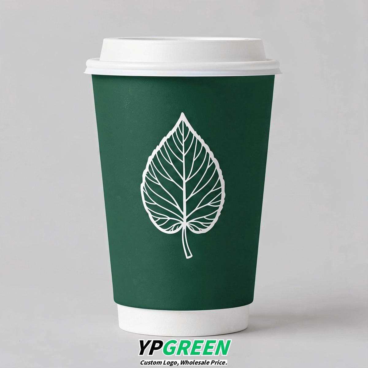 Emerald Green Leaves Paper Cups with Lids 8-24oz