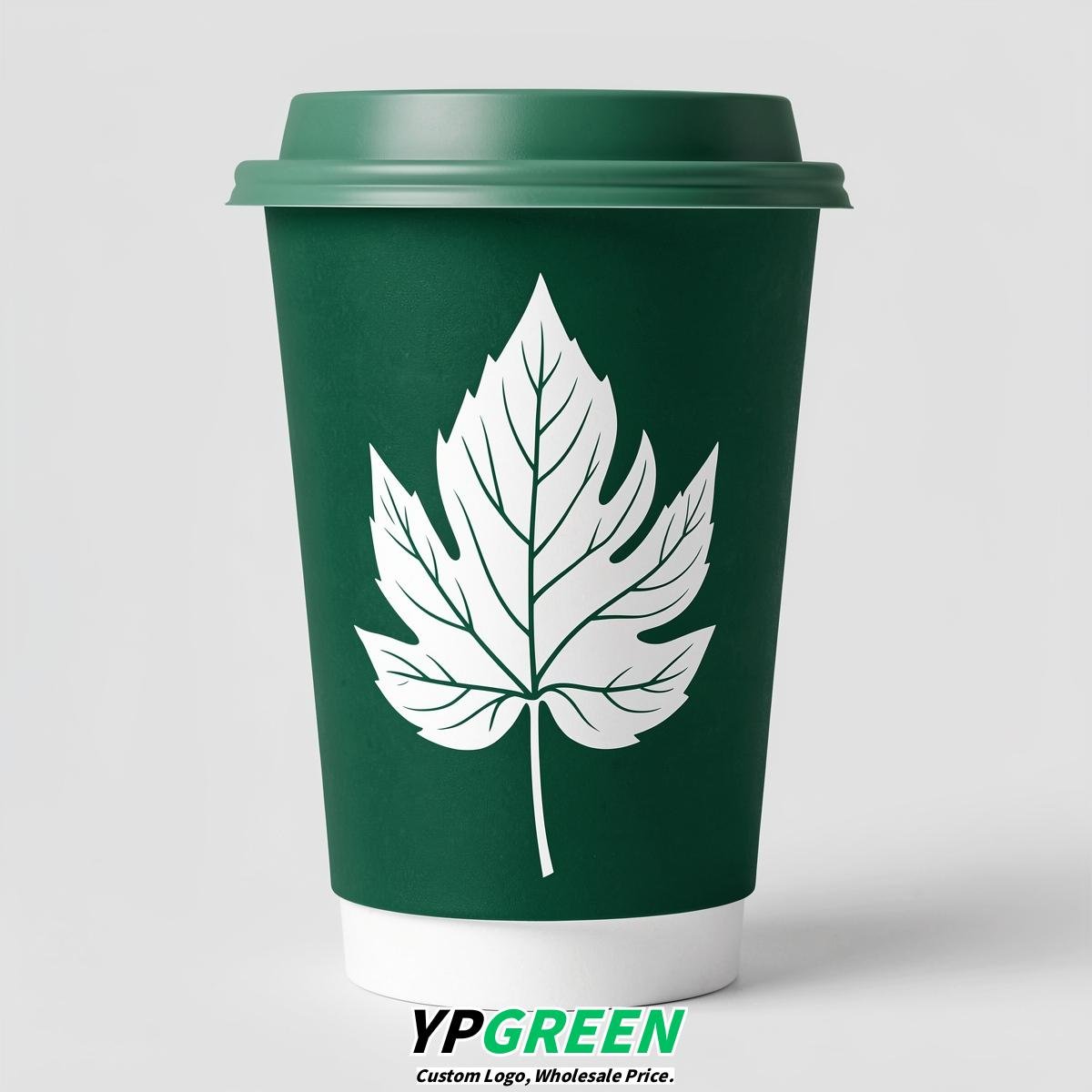 Emerald Green Leaves Paper Cups with Lids 8-24oz