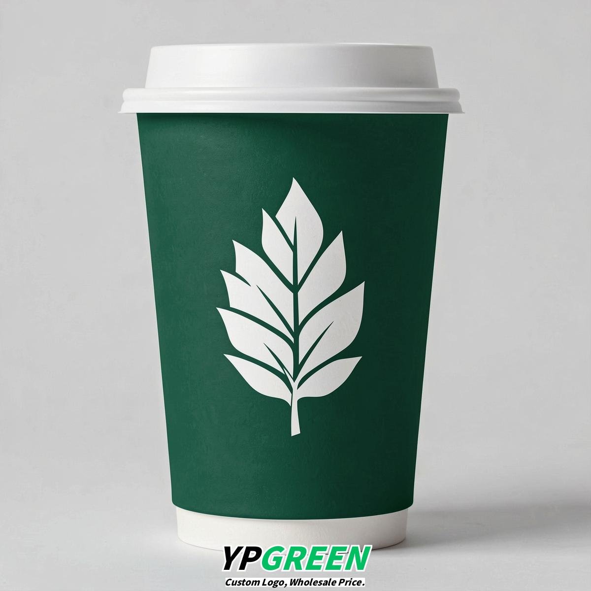 Emerald Green Leaves Paper Cups with Lids 8-24oz
