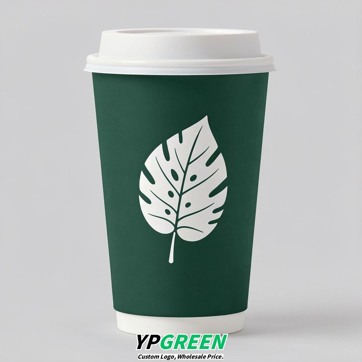 Emerald Green Leaves Paper Cups with Lids 8-24oz