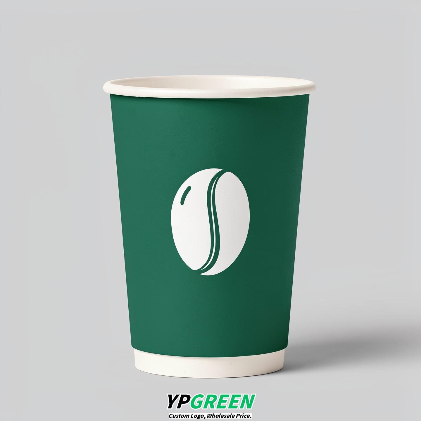 Emerald Green Paper Cups with Coffee Bean Logo & Lids 8-24oz