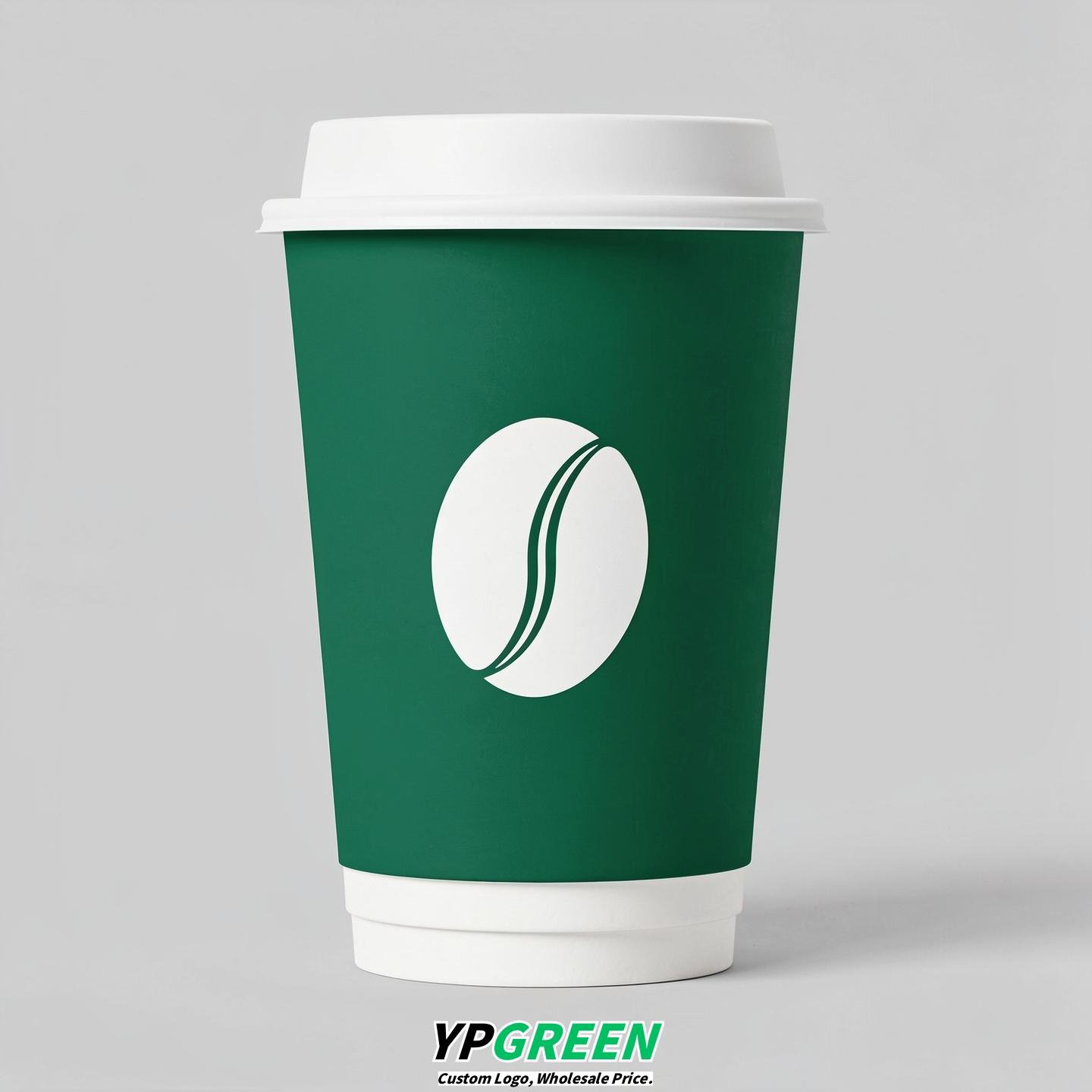 Emerald Green Paper Cups with Coffee Bean Logo & Lids 8-24oz