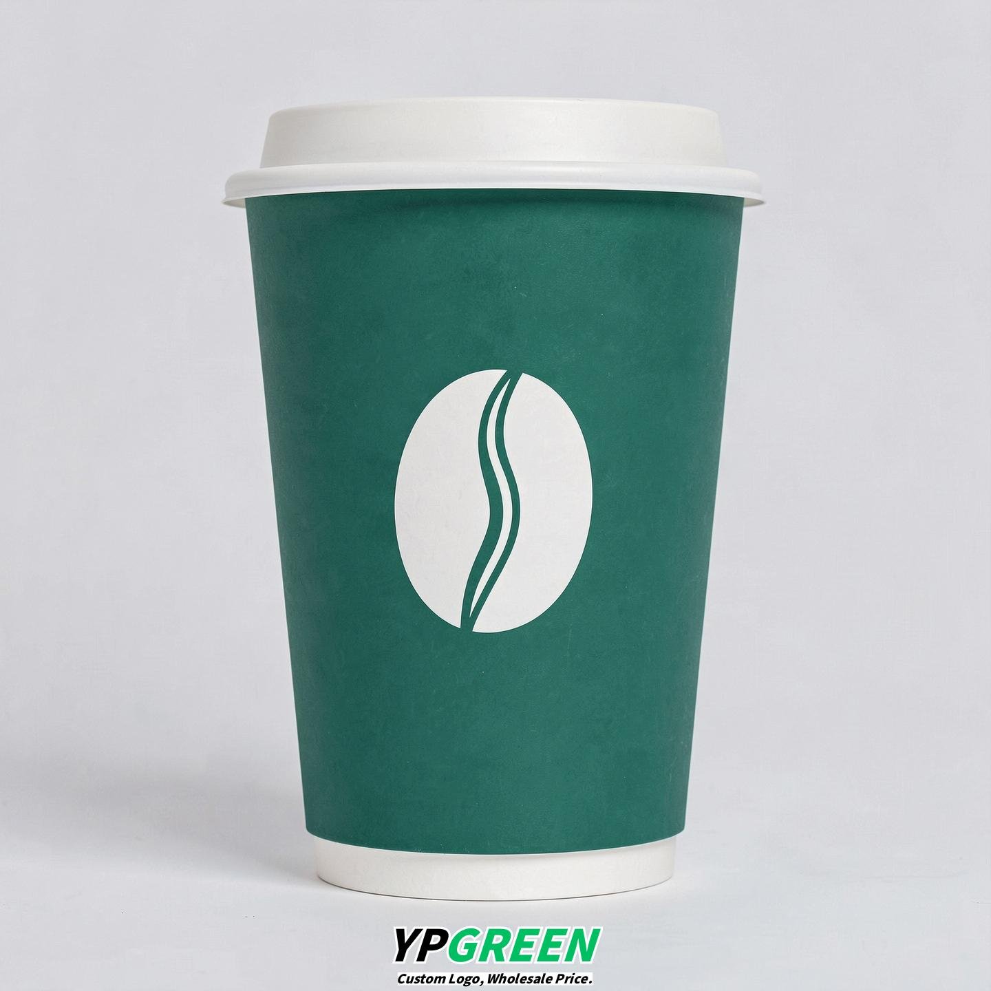 Emerald Green Paper Cups with Coffee Bean Logo & Lids 8-24oz