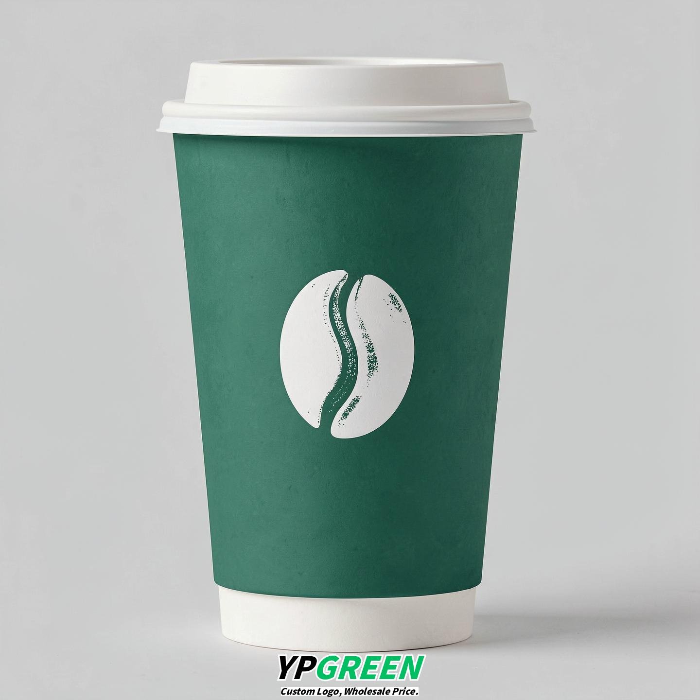 Emerald Green Paper Cups with Coffee Bean Logo & Lids 8-24oz