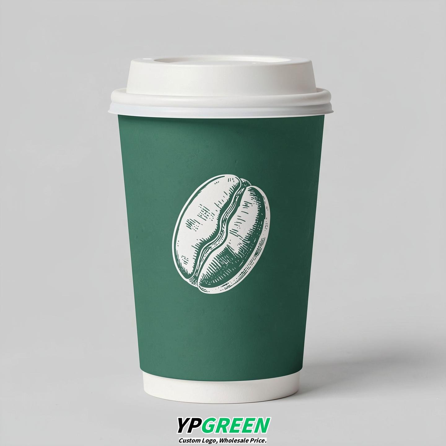 Emerald Green Paper Cups with Coffee Bean Logo & Lids 8-24oz