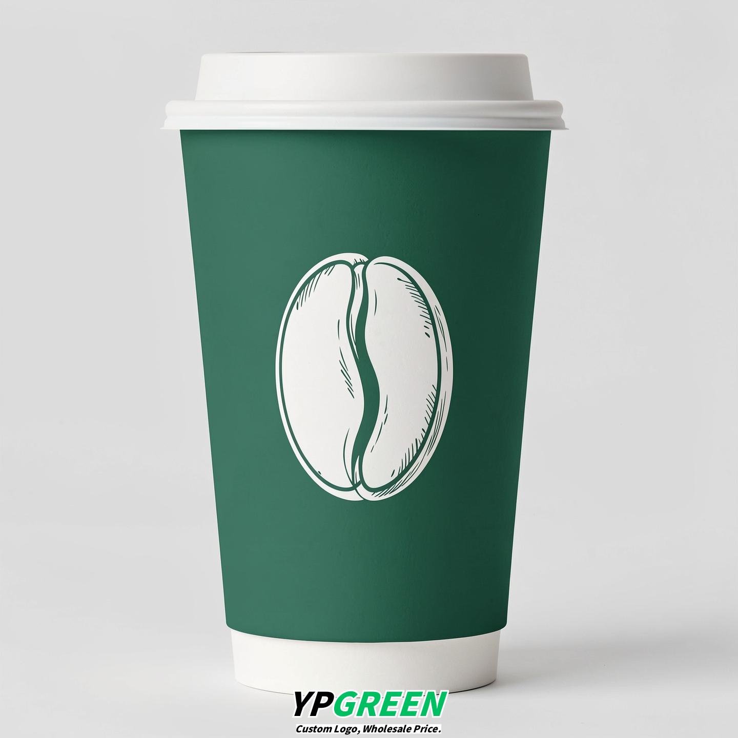 Emerald Green Paper Cups with Coffee Bean Logo & Lids 8-24oz