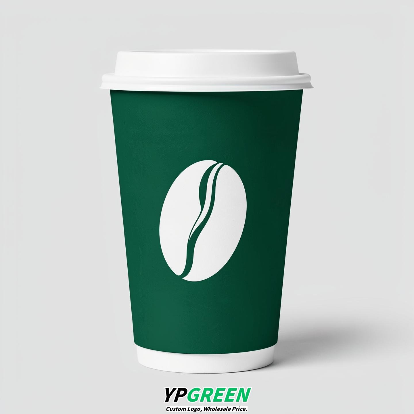 Emerald Green Paper Cups with Coffee Bean Logo & Lids 8-24oz